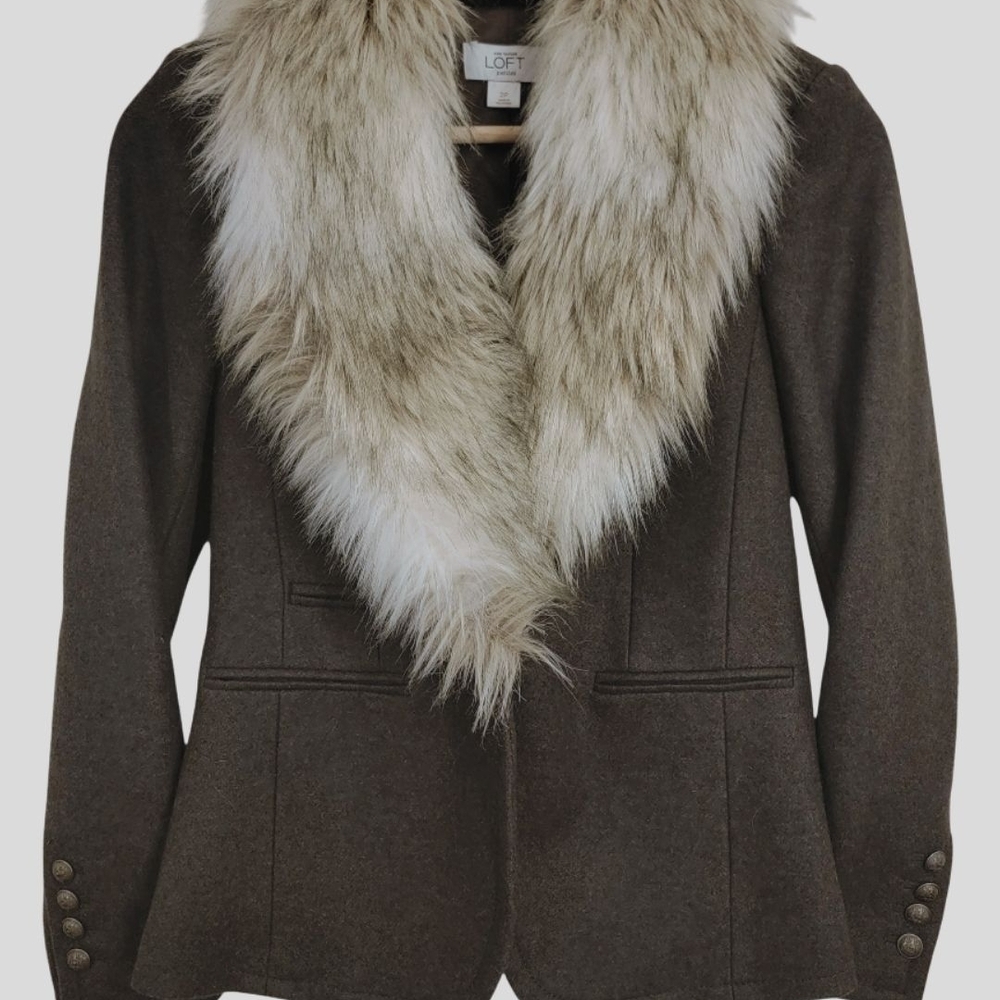 Wool Military Jacket w/ Removable Faux Fur Collar – Gray/Olive 2P